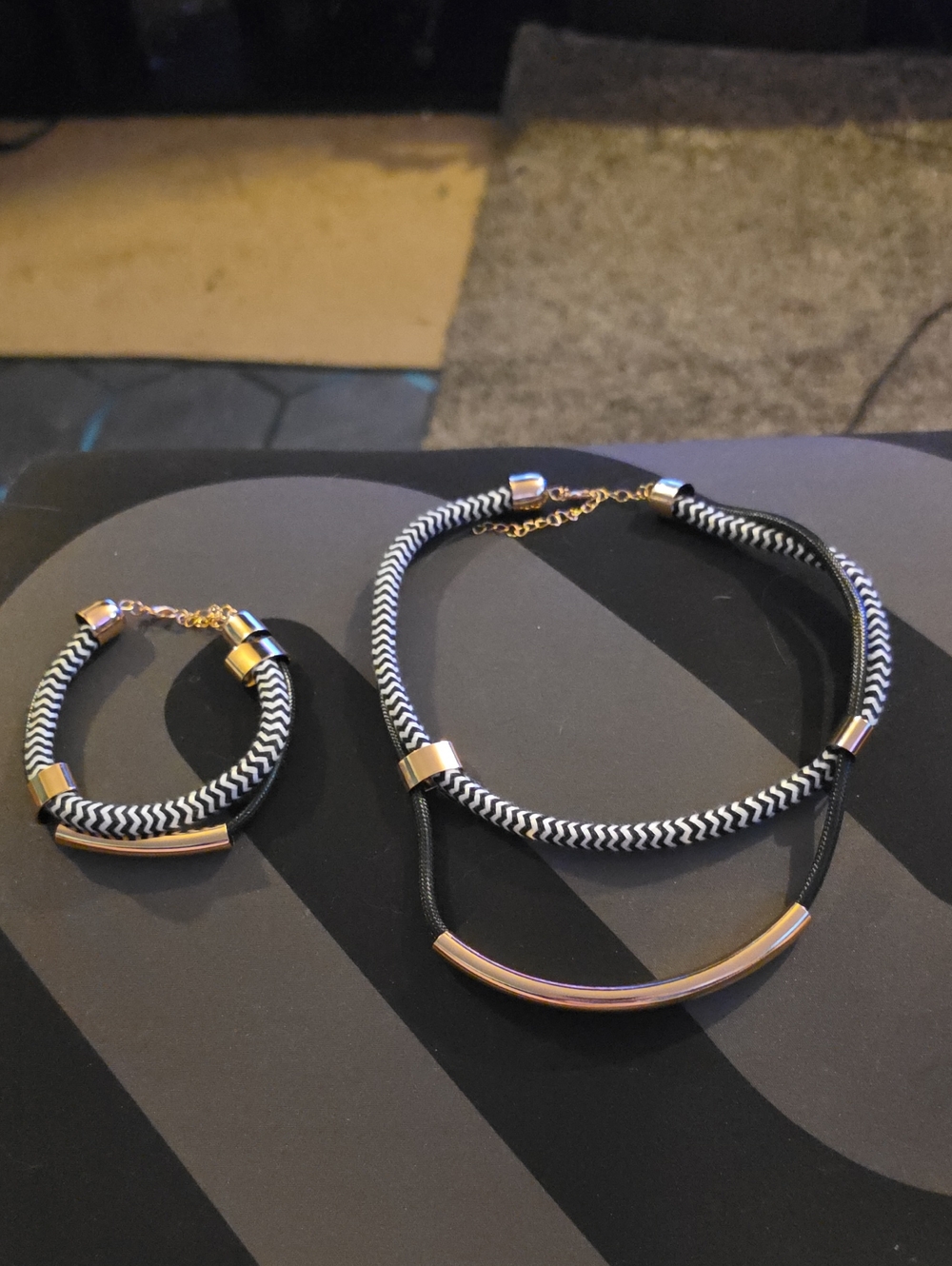 Black & White Braided Rope Necklace and Bracelet Set with Gold Accents